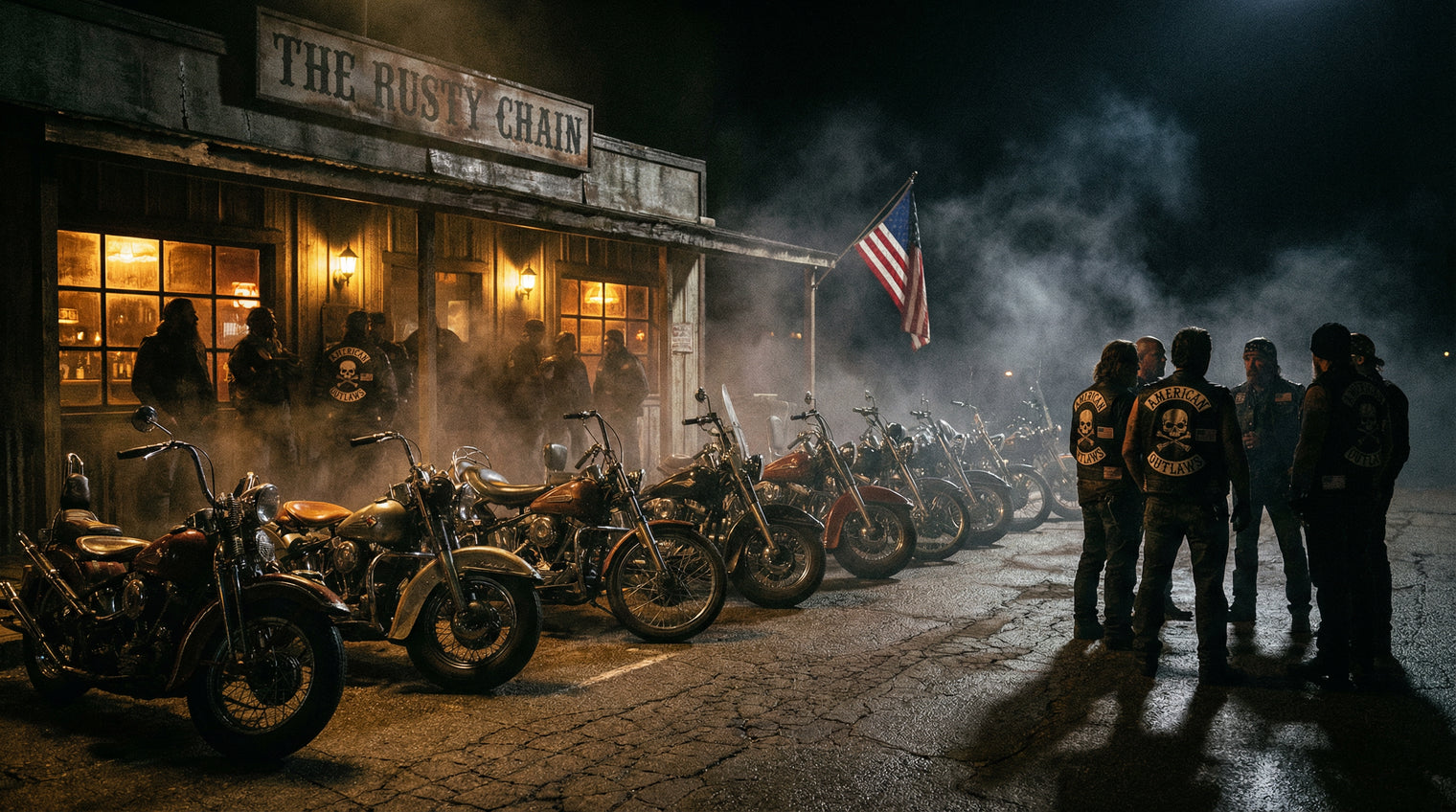 Vintage motorcycle club gathering outside a roadhouse bar at night - DEATH CORPS blog